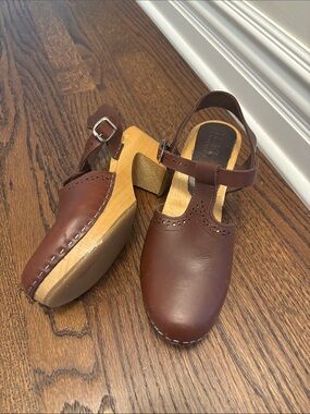 Brown Leather T-Strap Clogs by Klagn